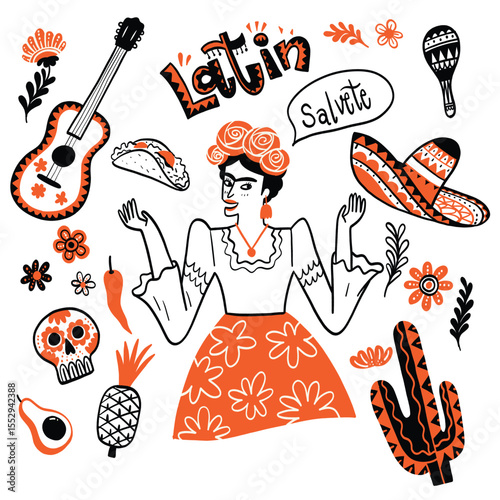 Unique culture vector illustration of Latin. A humorous cartoon featuring black and white line characters and a fun theme.