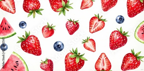 Hand-painted watercolor fruit pattern; halved strawberry, whole strawberries, watermelon, berry mix, background, summer