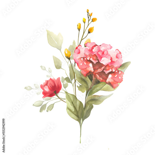 Fototapeta Naklejka Na Ścianę i Meble -  Sunlit pink petals and soft red blossoms bloom alongside yellow accents and leafy greens, forming a warm, watercolor bouquet that radiates gentle elegance on a dark canvas.