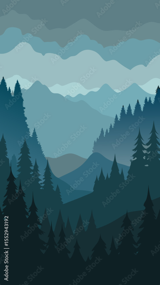 Fototapeta premium Serene layered mountain landscape with dark pine forest silhouette