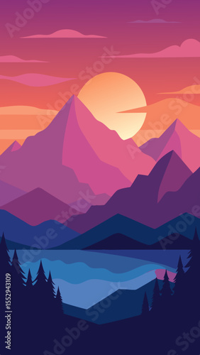 Serene mountain landscape with a vibrant sunset over a tranquil lake