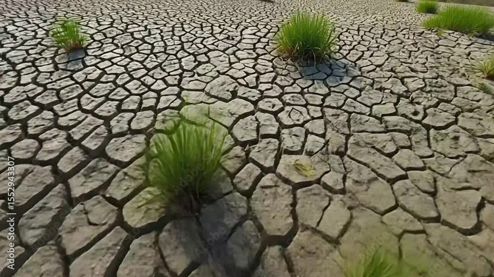 Dried cracked ground with sparse green grass emerging.