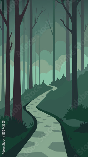 Winding path through a moody atmospheric forest with tall trees