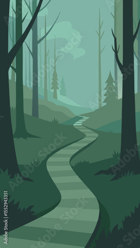 Serene forest path winding through misty trees and rolling hills