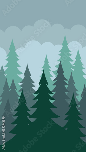 Misty forest landscape with layers of evergreen trees and soft clouds