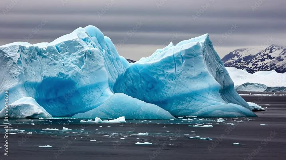 A stunning iceberg rising from calm waters under a cloudy sky.