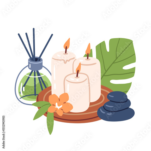 Composition of candles, fragrant diffuser, hot stones and tropical leaves. Hand drawn vector illustration for wellness branding, aromatherapy packaging and spa menu design.