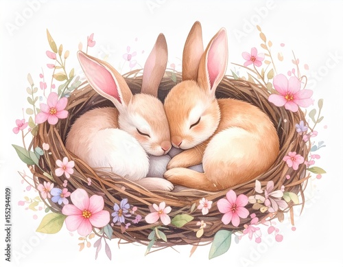 Adorable bunnies resting in floral nest surrounded by spring flowers