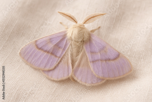 Delicate pale purple moth with feathery antennae resting on soft textured cream fabric in natural gentle lighting