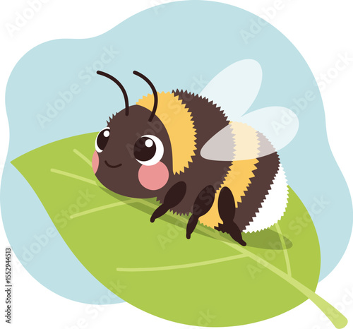 Cute baby bumble bee sitting on a leaf with rosy cheeks and curious eyes. Soft round shapes, minimalistic flat design.
