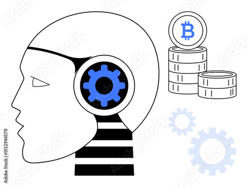Human head with gear symbolizing AI, stacked coins with blockchain logo, and gears linking automation, cryptocurrency, and blockchain. Ideal for finance, technology, innovation, AI blockchain