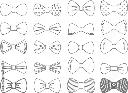 Elegant black Bows icon set in Different Styles for Gift Wrapping and Decorations. Fashion and elegance concept. realistic look accessory formal occasions, events or dressing up in style flat Design.