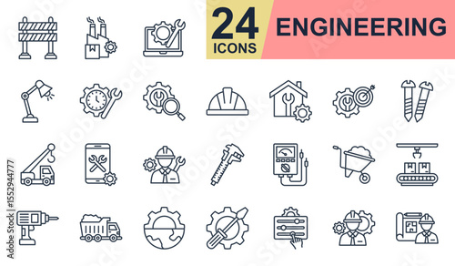 Engineering Icons set vector illustration. Containing manufacturing, real estate, engineer, time management, construction and more. Simple line icons collection.