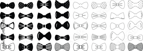 Elegant black Bows icon set in Different Styles for Gift Wrapping and Decorations. Fashion and elegance concept. realistic look accessory formal occasions, events or dressing up in style flat Design.