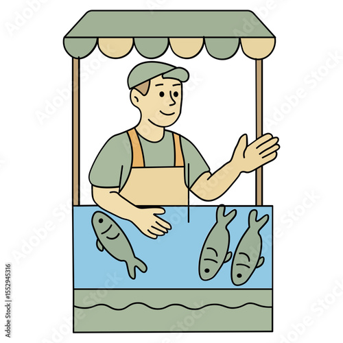 A fish vendor standing at a traditional market stall, offering fresh fish to customers with a friendly expression.