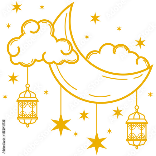 Lantern With Crescent Moon and Cloud. Composition with crescent moon lantern, cloud and stars for islamic holy month decoration. Decorative 3d elements for Muslim holidays