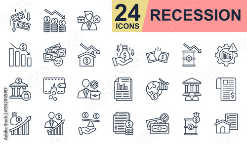 Recession Icons set vector illustration. Containing inflation, fired, economic crisis, crisis management, unemployment and more. Simple line icons collection.
