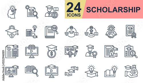 Scholarship Icons set vector illustration. Containing creative thinking, experience, innovative, dedication, endowment and more. Simple line icons collection.