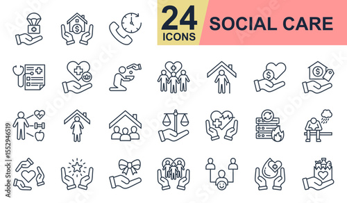 Social Care Icons set vector illustration. Containing disaster relief, housing assistance, helpline, public health, wellness program and more. Simple line icons collection.