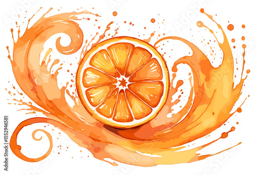 Vibrant Orange Slice with Artistic Splash of Juice in Dynamic Watercolor Style