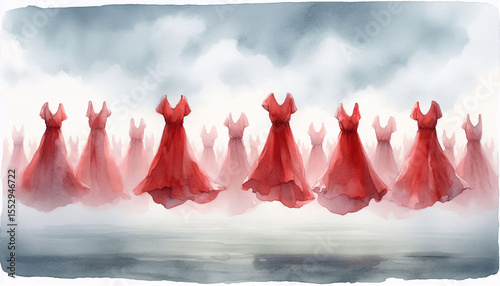 Red dresses in soft watercolor arranged in the wind along a grey horizon, tribute to murdered Indigenous girls