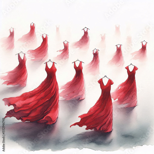 Gentle watercolor scene of red dresses swaying on a misty plain, symbolizing grief and remembrance for MMIWG