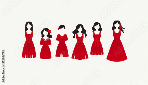 Flat clipart of unique red dresses in a row, symbolizing the missing and murdered Indigenous women and girls