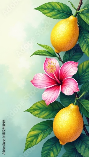 Vibrant tropical watercolor blooms, lemons, lush foliage, fruit branch , foliage, hand-painted