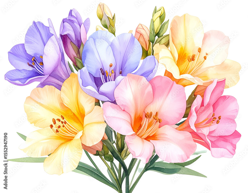 Obraz premium A delicate watercolor painting of freesia flowers in pastel pink, purple, and yellow hues, soft brush strokes and artistic floral composition, isolated on a transparent background
