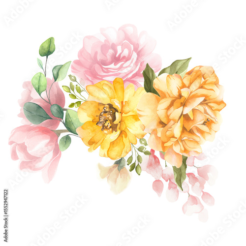 Fototapeta Naklejka Na Ścianę i Meble -  Yellow and blush blooms blend with leafy greens and soft buds, set on a dark backdrop radiating freshness, depth, and balance in a graceful watercolor bouquet