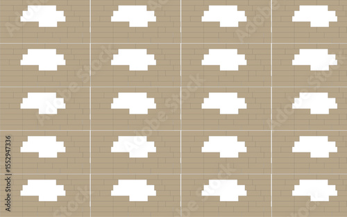 Seamless geometric tile pattern with abstract white shapes on a tan grid background, ideal for textile, wallpaper, wrapping, and digital backdrops.

