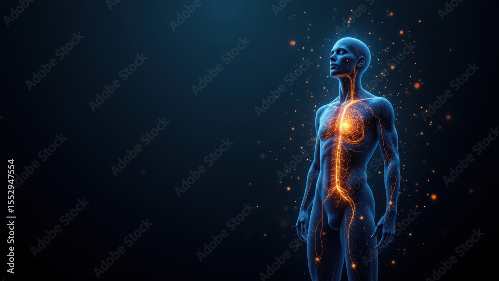 Fototapeta premium Image depicts a human silhouette with a glowing representation of the internal organs and nervous system highlighted by blue light.
