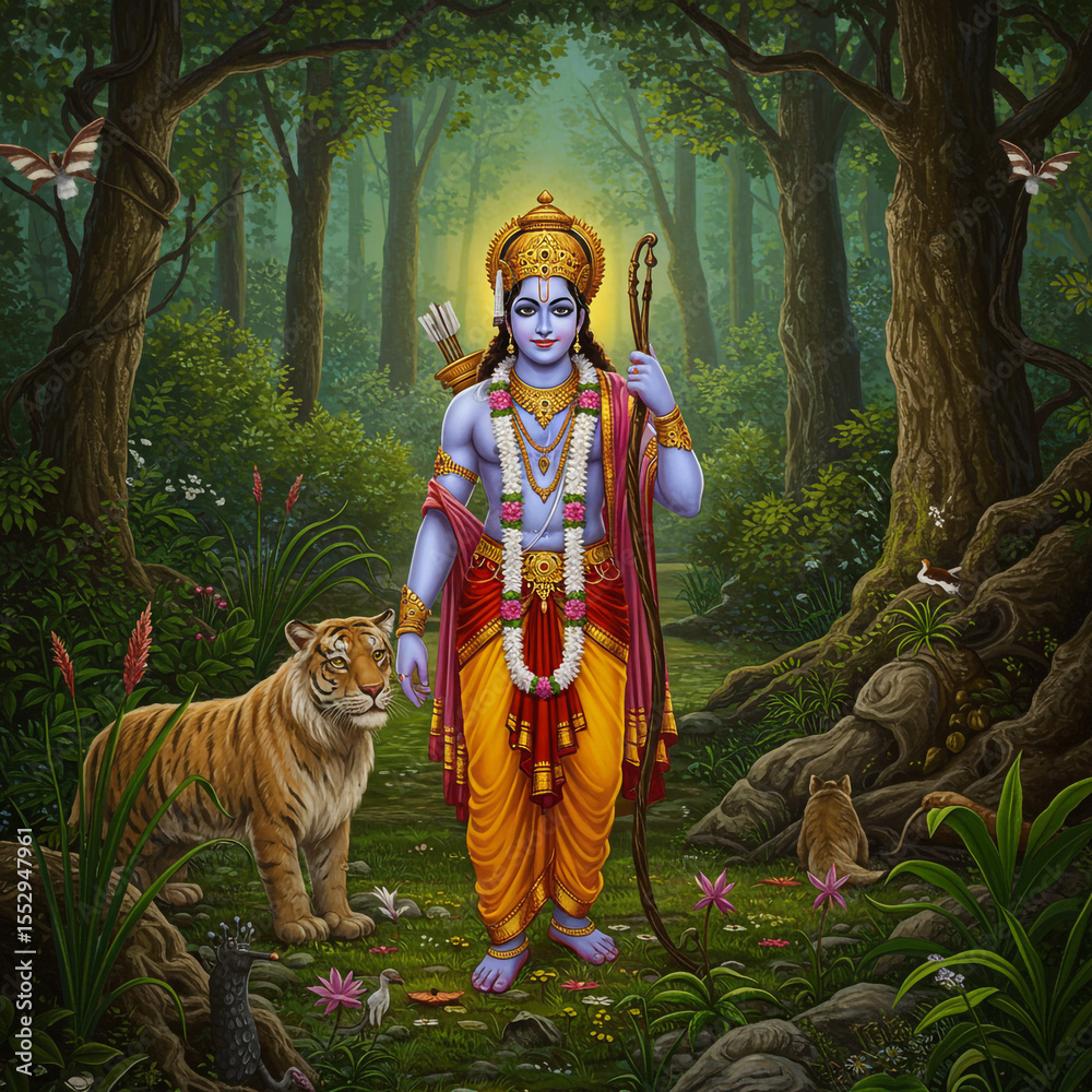 Obraz premium Lord Rama in Forest with Tiger