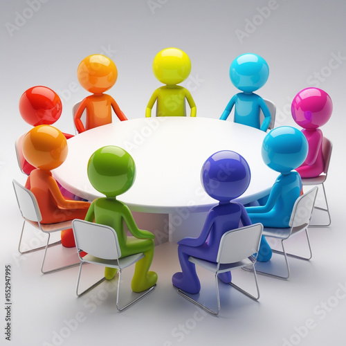 AI Generative. Colorful Stick Figures Around a White Round Table on White Background. 9