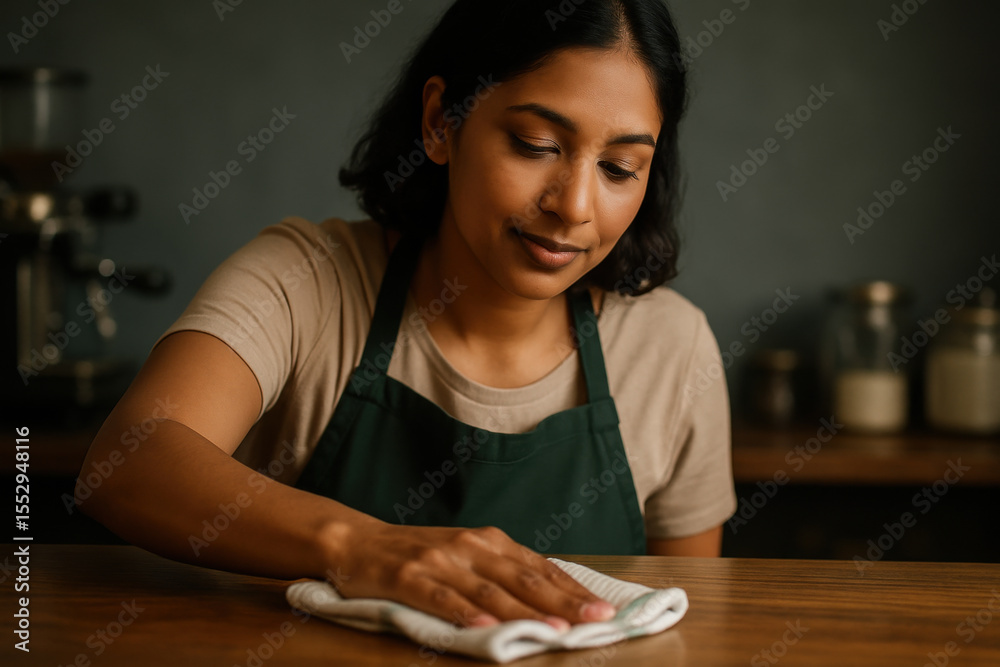 smiling young woman in apron cleaning wooden counter indoors in cozy kitchen environment with natural warm lighting smiling young woman in apron cleaning wooden counter indoors in cozy kitchen environment with natural warm lighting