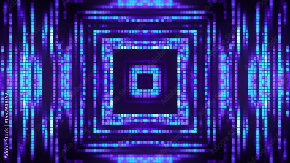 Blue LED Tunnel VJ Loop - Abstract Pixelated Square Animation 4K