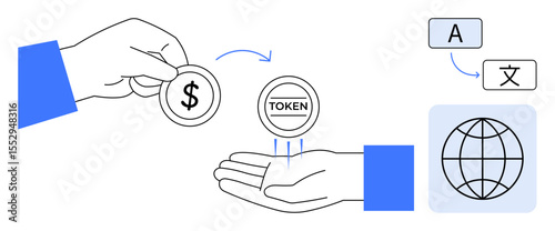 Hand exchanging dollar coin to receive token, multilingual text bubbles, and globe. Ideal for currency exchange, global trade, blockchain, fintech, translation, e-commerce simple flat metaphor