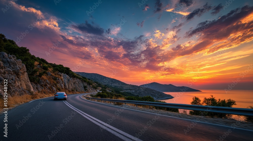 Naklejka premium Car driving along a scenic coastal highway during a colorful summer sunset