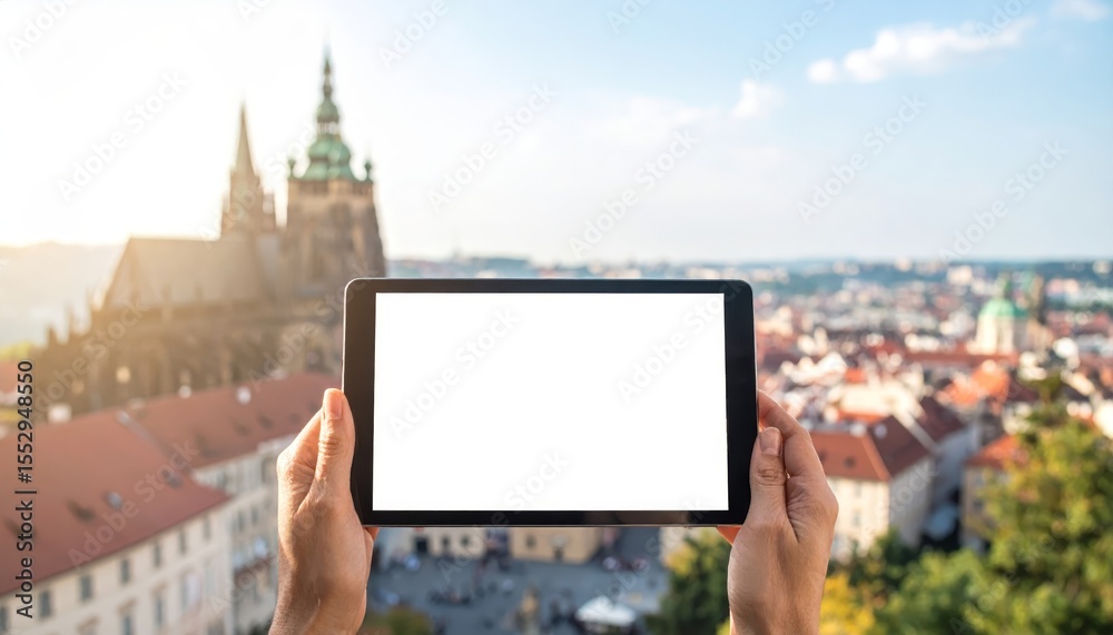 Naklejka premium Person holding a tablet with blank white screen, ideal for digital content and app displays