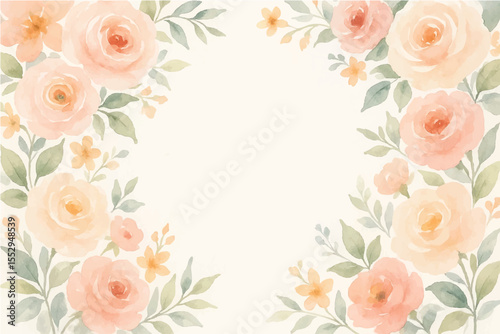 Vintage floral background with romantic pink roses, elegant frame, and decorative hearts for a wedding or Valentine's Day card design
