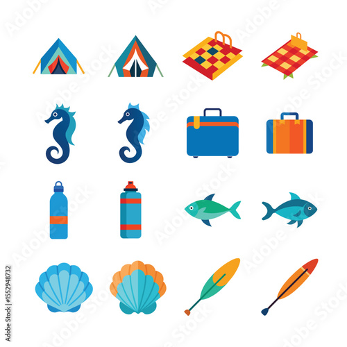 Charming summer symbols including sun hats and cocktails Color Vector illustration