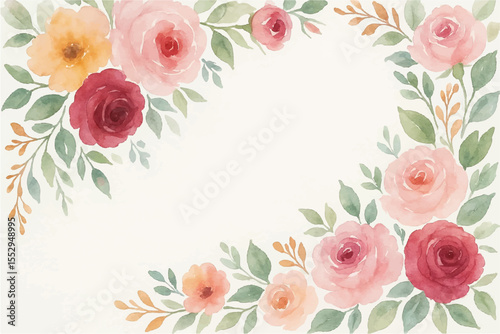 Vintage floral background with romantic pink roses, elegant frame, and decorative hearts for a wedding or Valentine's Day card design