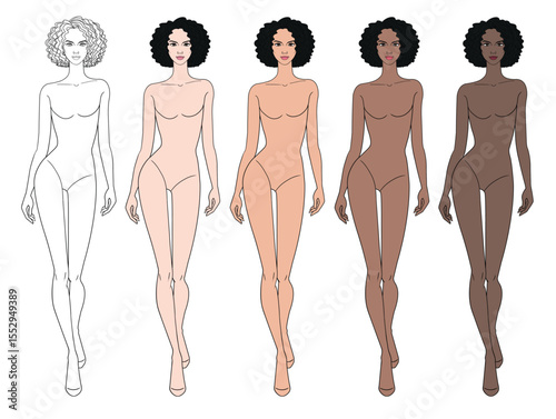 Colored skin tones fashion croquis figurines walking with afro curly hair woman in vector.