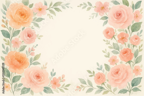 Vintage floral background with romantic pink roses, elegant frame, and decorative hearts for a wedding or Valentine's Day card design