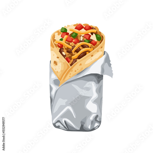 Burrito wrapped in foil with visible fillings in warm brown, red, and green tones