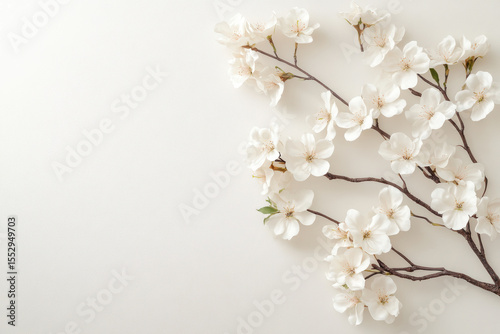 Delicate white blossoms on branch against minimalist neutral background