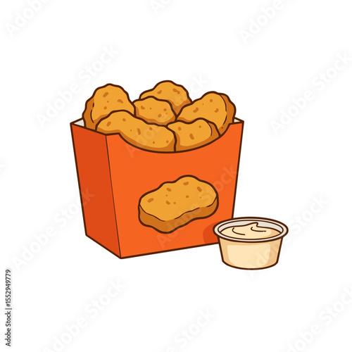 Fast food chicken nuggets box with dipping sauce in bold orange and beige colors