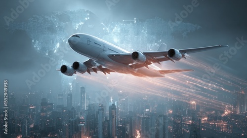 Concept image of a futuristic commercial airplane taking off with city skyline and digital world map in background