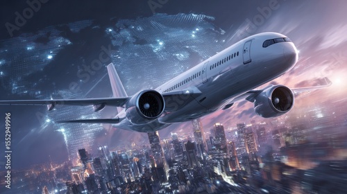 Concept image of a futuristic commercial airplane taking off with city skyline and digital world map in background