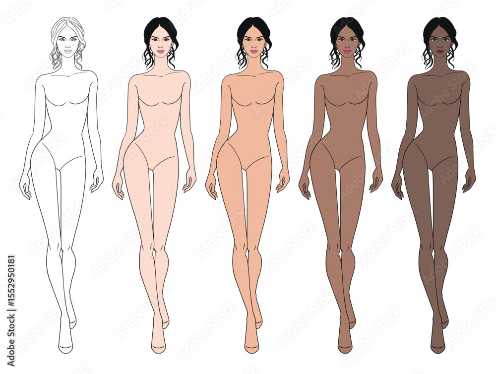 Colored skin tones fashion croquis figurines walking with messy updo hair woman in vector.